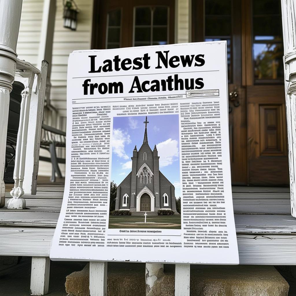 newspaper on front porch that says Latest News from Acanthus and the rest of the words blurred out