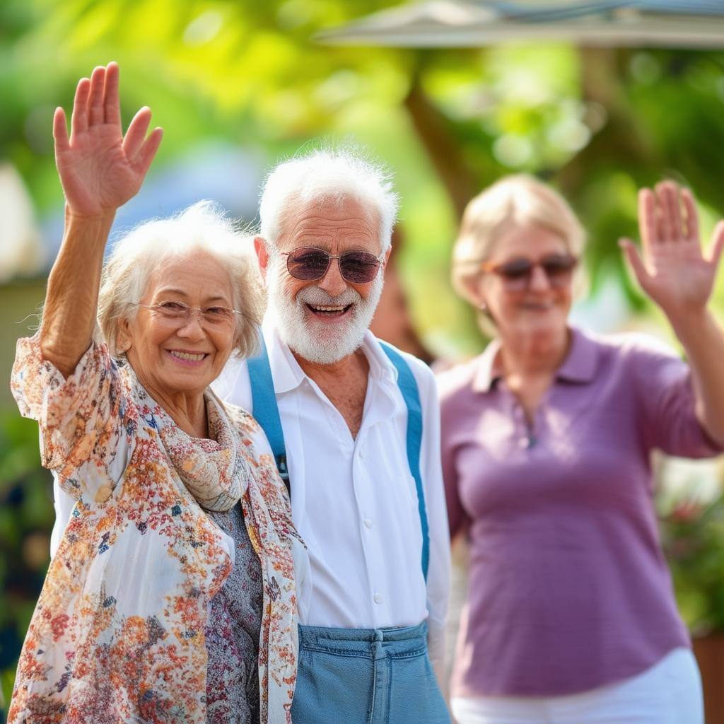 older people hanging out and waving